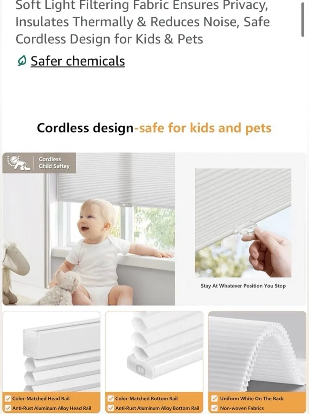 LAZBlinds Cordless Cellular Window Shade   Color White 33” x 48”